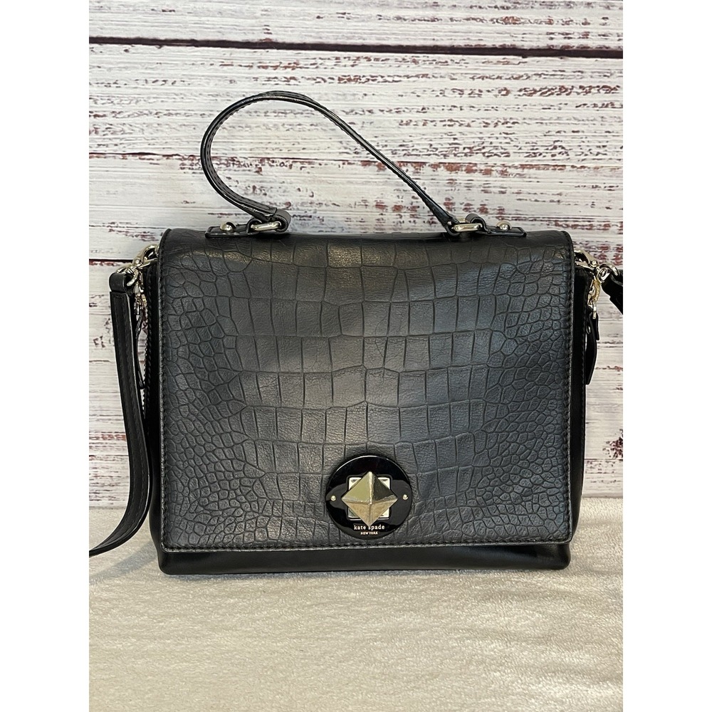 KATE SPADE‎ VARICK STREET Women Black Croc Leather Crossbody Bag